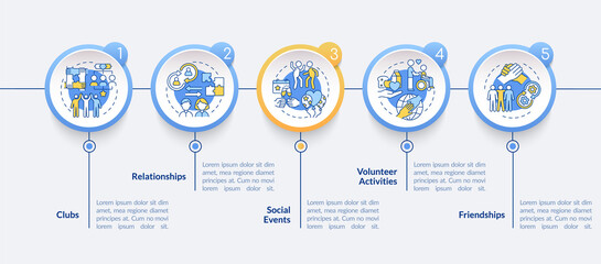 Social participation vector infographic template. Cooperation presentation outline design elements. Data visualization with 5 steps. Process timeline info chart. Workflow layout with line icons