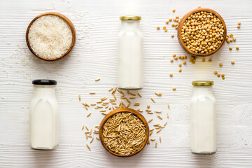 Variety of non dairy vegan milk with ingredients - almonds soy rice and oats