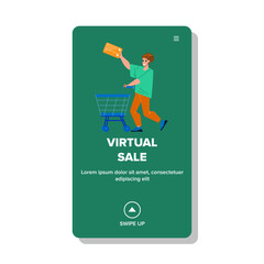 Virtual Sale And Payment For Purchases Vector. Young Man With Trolley Market Cart And Credit Card Making On Virtual Sale Shop Website. Character Shopaholic Web Flat Cartoon Illustration