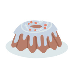 Christmas pudding decorated with berries. Winter sweet celebration cake homemade. Freehand isolated element. Vector flat hand drawn Illustration. Only 5 colors - Easy to recolor.