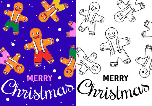 Gingerbread. Little man cookies. Merry Christmas banner. New Year label. Poster template. Vintage sticker Flyer or labels. Engraved hand drawn sketch