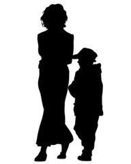 Mom with little child on street. Isolated silhouettes of people on white background