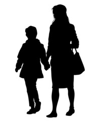 Mom with little child on street. Isolated silhouettes of people on white background