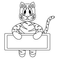 Tiger. Sketch. A tiger cub holds an empty poster in its paws. Place for your text. Tabby kitten. Symbol of the year. Vector illustration. Coloring book for children. The animal is carrying a banner. 