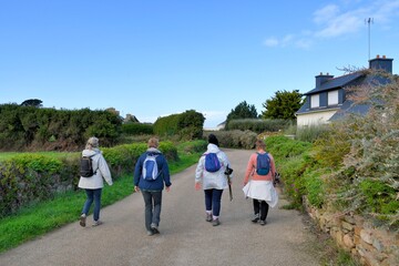 Group of senior hikers on a path in Brittany France - obrazy, fototapety, plakaty