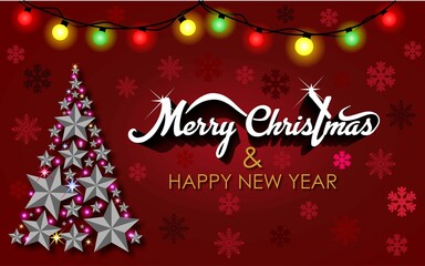 Naklejka premium Merry Christmas and happy new year concept banner with dark red background, colorful light balloons, christmas tree made of stars and sprinkles of snowflakes