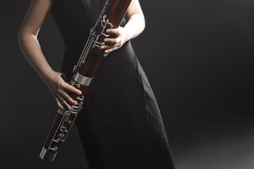 Bassoon woodwind instrument with player hands