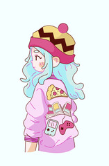 Geek girl. Geek vector illustration. Printed blouse. Blue hair.