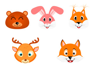 Set of funny forest animals. Bear, hare, squirrel, deer, fox