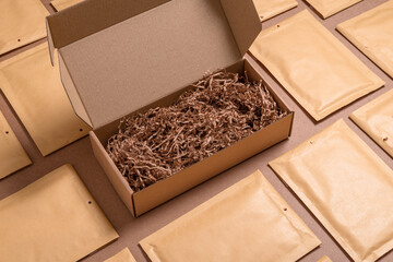 Lot of bubble envelopes and carton box for postal shipping