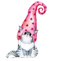 Christmas cat watercolor illustration, Christmas clipart, Christmas card