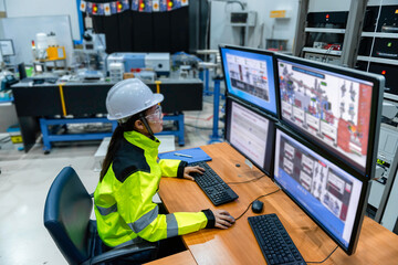 Inside the large Industry Factory Female Computer Engineer Works on Personal Computer She coding...