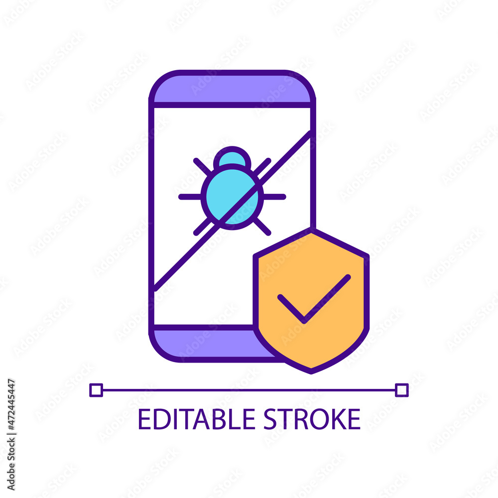 Poster anti-malware for mobile phone installing rgb color icon. protecting device with antivirus program. o