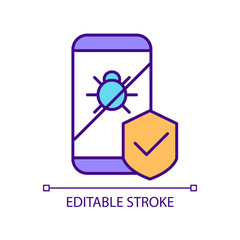 Anti-malware for mobile phone installing RGB color icon. Protecting device with antivirus program. Online safety. Isolated vector illustration. Simple filled line drawing. Editable stroke