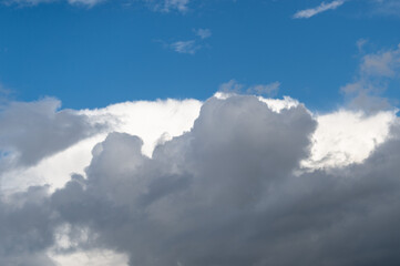White and gray cumulus clouds with rain. Background with white clouds, climate change. Picture for weather forecast.