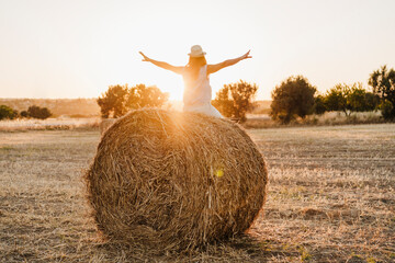 Carefree woman with arms outstretched sitting on straw bale in field