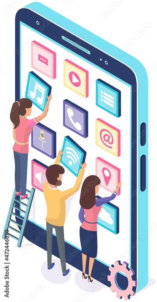 Aufkleber development of mobile application, program for smartphone concept. people standing near phone with a