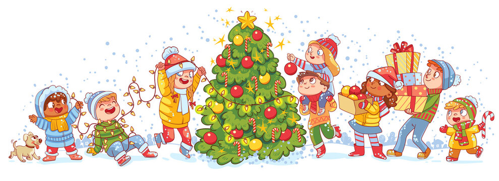 Group of small children decorate the Christmas tree outside. Kids playing in winter outdoors. Colorful cartoon characters. Funny vector illustration. Isolated on white background. Seamless panorama