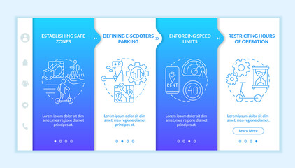 Bicycle sharing regulations onboarding vector template. Responsive mobile website with icons. Web page walkthrough 4 step screens. Restrict hours of operation color concept with linear illustrations