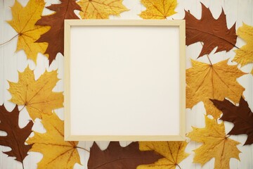 Naklejka na ściany i meble Square wooden frame mockup for autumn design, frame for photo, print, painting, flat lay with maple and oak leaves.