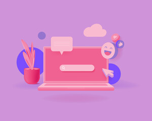 Searching web bar on the screen of modern laptop. 3d cute style vector illustration with cute elements. Copy space. Banners, social media posts template