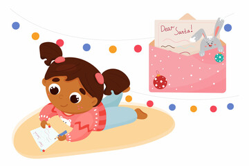 Fototapeta premium African American black little girl writing letter to Santa Claus for Christmas