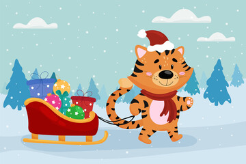 Vector illustration of a cute tiger in a santa hat carrying christmas gifts on a sleigh