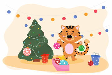A cartoon tiger cub decorates a Christmas tree with toys for New Year and Christmas.