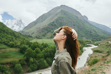 woman hiker mountains landscape travel freedom fresh air