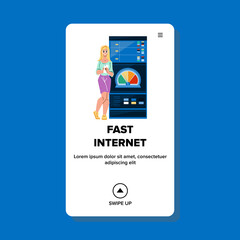 Fast Internet Enjoying Young Woman User Vector. Girl Using Smartphone, Download Media File And Watching Video With Fast Internet. Character Testing Connection Speed Web Flat Cartoon Illustration
