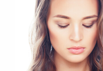Obraz premium young sweet brunette woman close up isolated on white background, perfect pure innocense beautiful