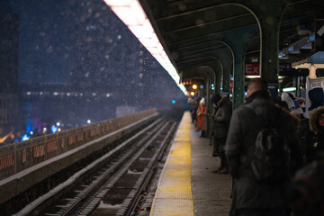 NYC subway train station during a snow storm