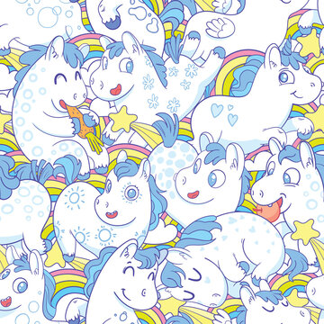 Cute white little ponies. Funny cartoon character. Vector illustration. Seamless pattern for baby print textiles