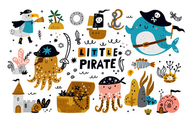 Cute pirate collection for kids. Baby sea pirate vector set. Childish ocean animals in cartoon style. Hand drawn illustration for girl or boy. Ideal for kids room decoration, newborn clothing, print