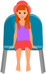 Cute redhead girl sitting on chair and watching show. Young female character in viewer seat looking at performance isolated on white background. Child in audience, spectator sitting on viewer place