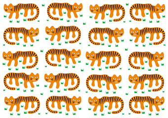 Background from stylized orange tigers among the grass. The year of tiger 2022. Eastern horoscope. Vector art graphics