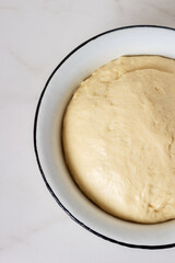 Homemade yeast fresh raw dough in bowl ready to bake. 