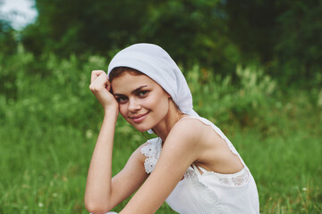 Woman in white dress Countryside Home care Nature Russian traditions