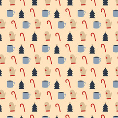 Winter Pattern with christmas tree,  candy cane,  mitten and cup