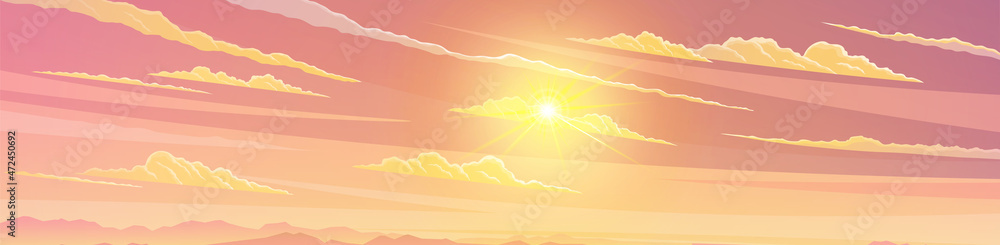 Poster abstract clear sky background with sun shines with bright rays and soft light effect, bright magic r