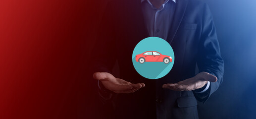 Digital composite of Man holding car icon.Car automobile insurance and car services concept....