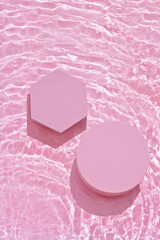Summer scene with pink podium note in water. Creative mock up
