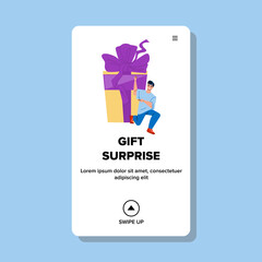 Gift Surprise Young Man Presenting Friend Vector. Boy Getting Gift Surprise On Xmas Or Anniversary Event. Character With Present Box Packaging Decorated Ribbon And Bow Web Flat Cartoon Illustration