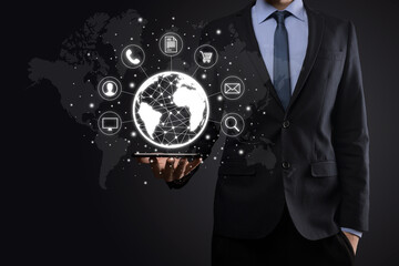 Business man hiold, use,press infographic icon of community technology digital.Concept of hi tech and big data. Global connection.IoT Internet of Things . ICT Information Communication Network .