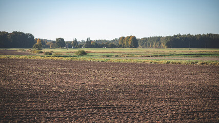 plowed agricultural field forest and green meadow in distance