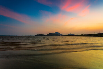 sea and mountains in the morning,Tropical paradise Beach in the evening at Koh Mak Island, Trat Thai