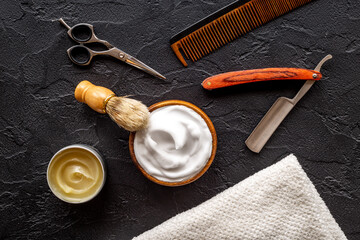 Barber shop equipment with hairdressing scissors. Top view