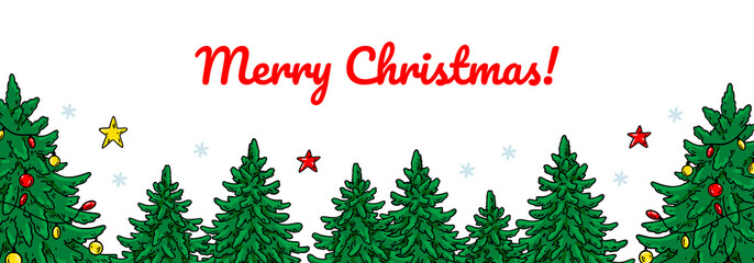 Naklejka na ściany i meble Horizontal Merry Christmas and Happy New Year greeting card with a cute Christmas tree. Hand drawn vector illustration