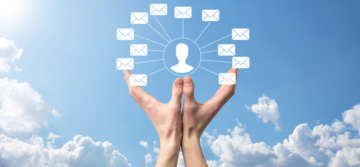 Male hand holding letter icon,email icons .Contact us by newsletter email and protect your personal...