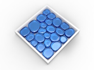 Transparent blue glass shapes in a box